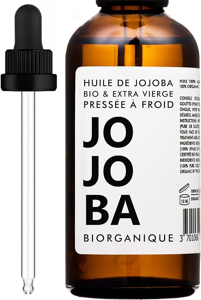 Huile de Jojoba 100% Bio, Pure, Naturelle et Pressée à froid – 50 ml – Soin pour Cheveux, Corps, Peau